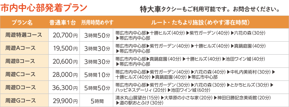 帯広市内中心部発着プラン